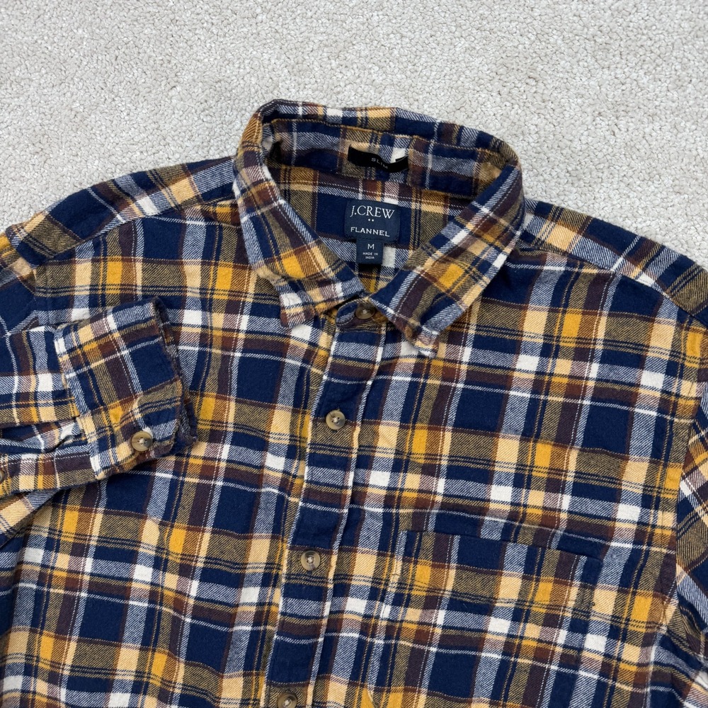 J.Crew Mens M Flannel Shirt Navy Yellow Plaid Slim Fit Button Down